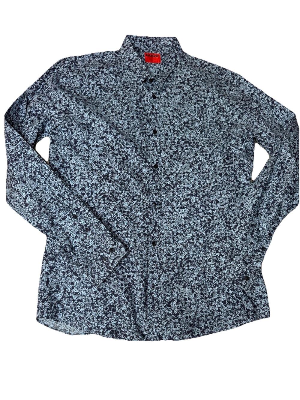Hugo Boss Extra Slim Fit Dress Shirt Blue Floral Button Up Long Sleeve Work Sz L